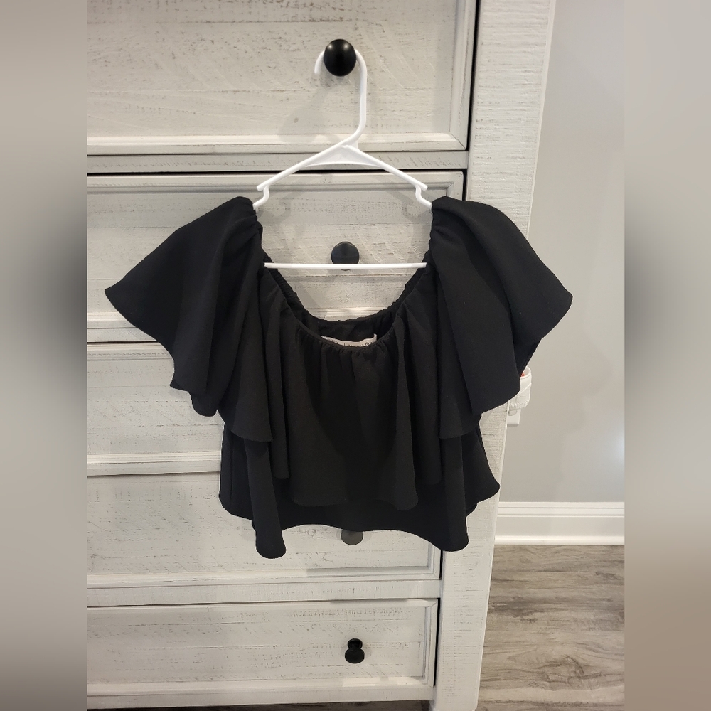 Black Ruffled Off-Shoulder Women's Top